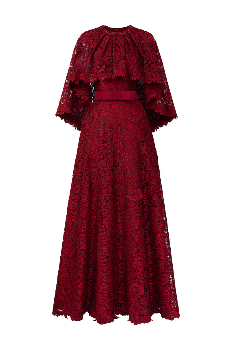 A-LINE GOWN WITH MULLET CAPE IN DARK RED