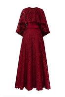 Dark red A-line gown with a mullet cape and French lace detailing, designed by I.H.F, shown on a model.