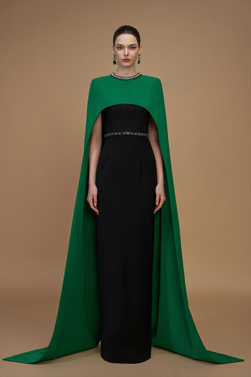 CREPE AND SILK LINED CAPPED EMERALD GOWN