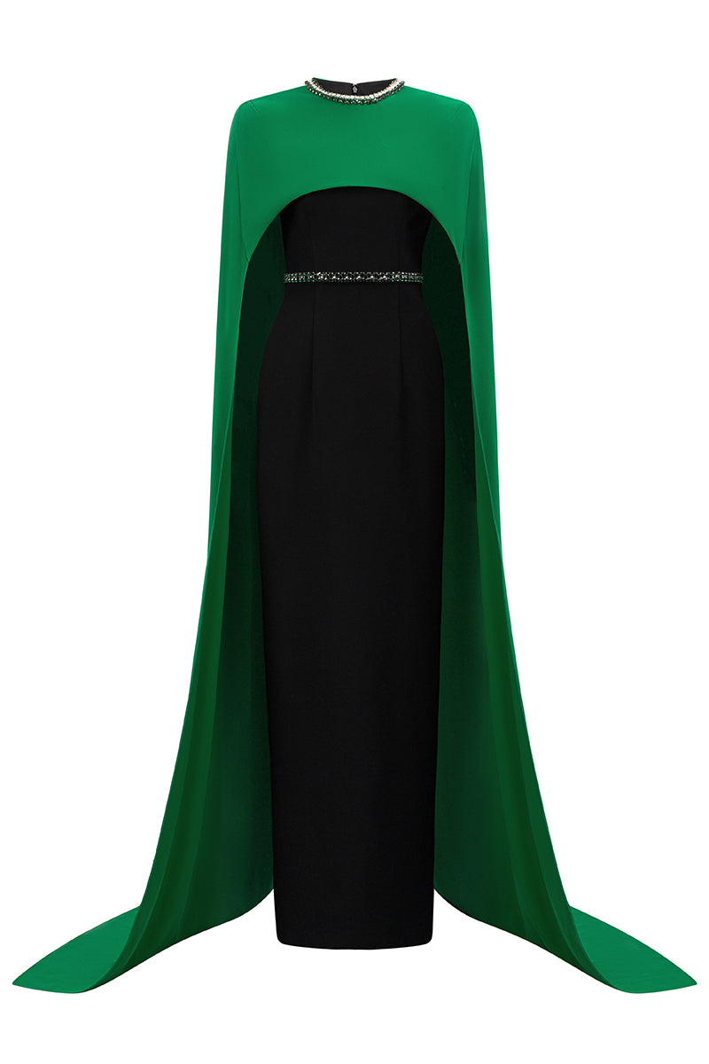 CREPE AND SILK LINED CAPPED EMERALD GOWN