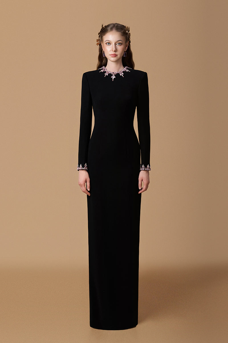Black crepe silk lined embellished gown with round neck and long sleeves from I.H.F, elegant evening wear.