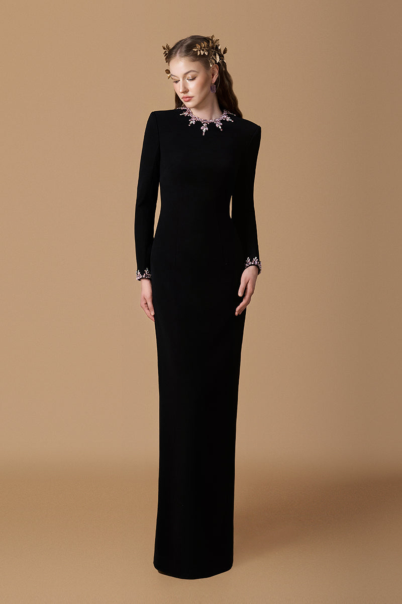 Elegant black crepe silk lined embellished gown with round neck and long sleeves from I.H.F, showcasing intricate detailing.