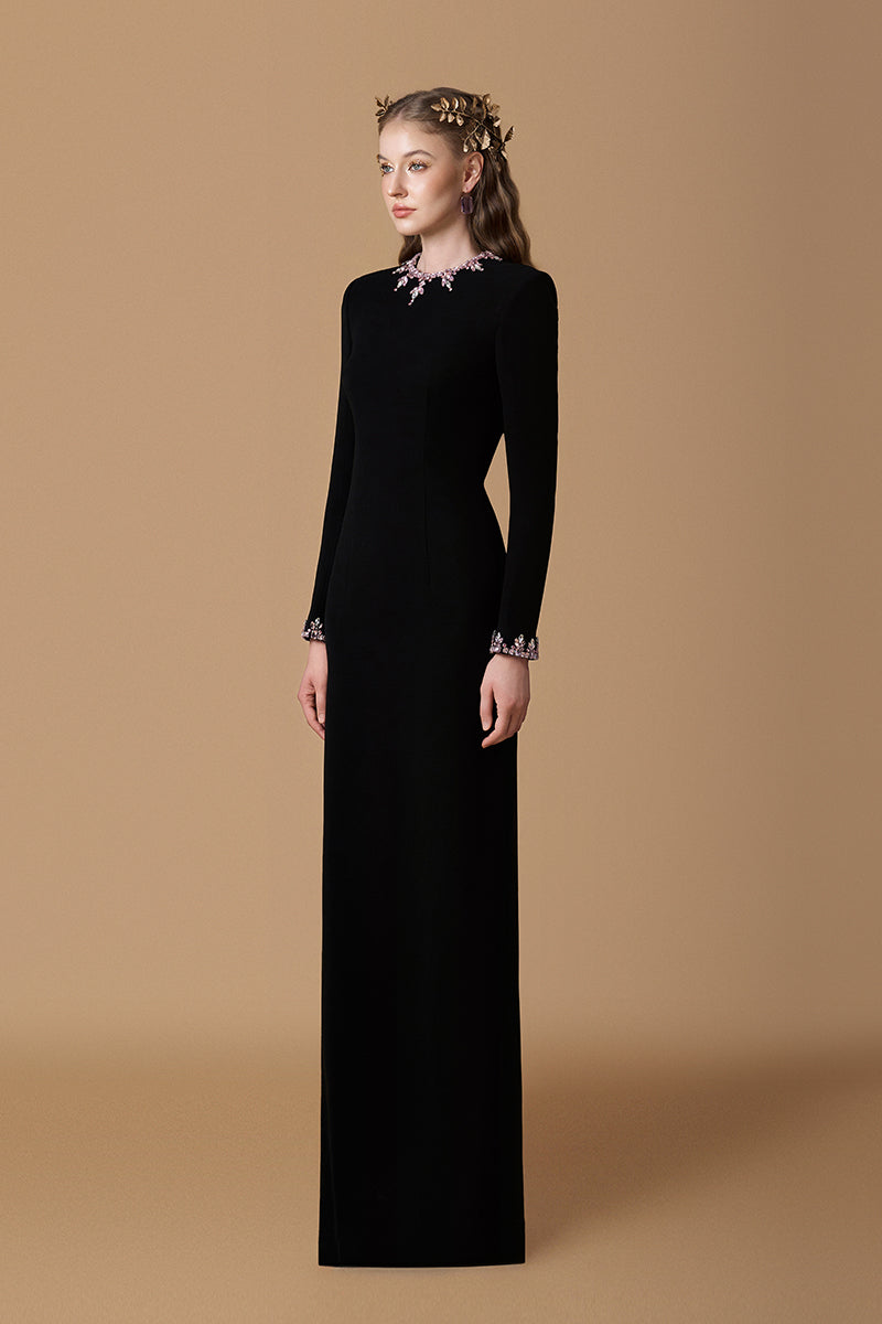 Black crepe silk-lined embellished gown with round neck and long sleeves by I.H.F, featuring intricate detailing and elegant design.