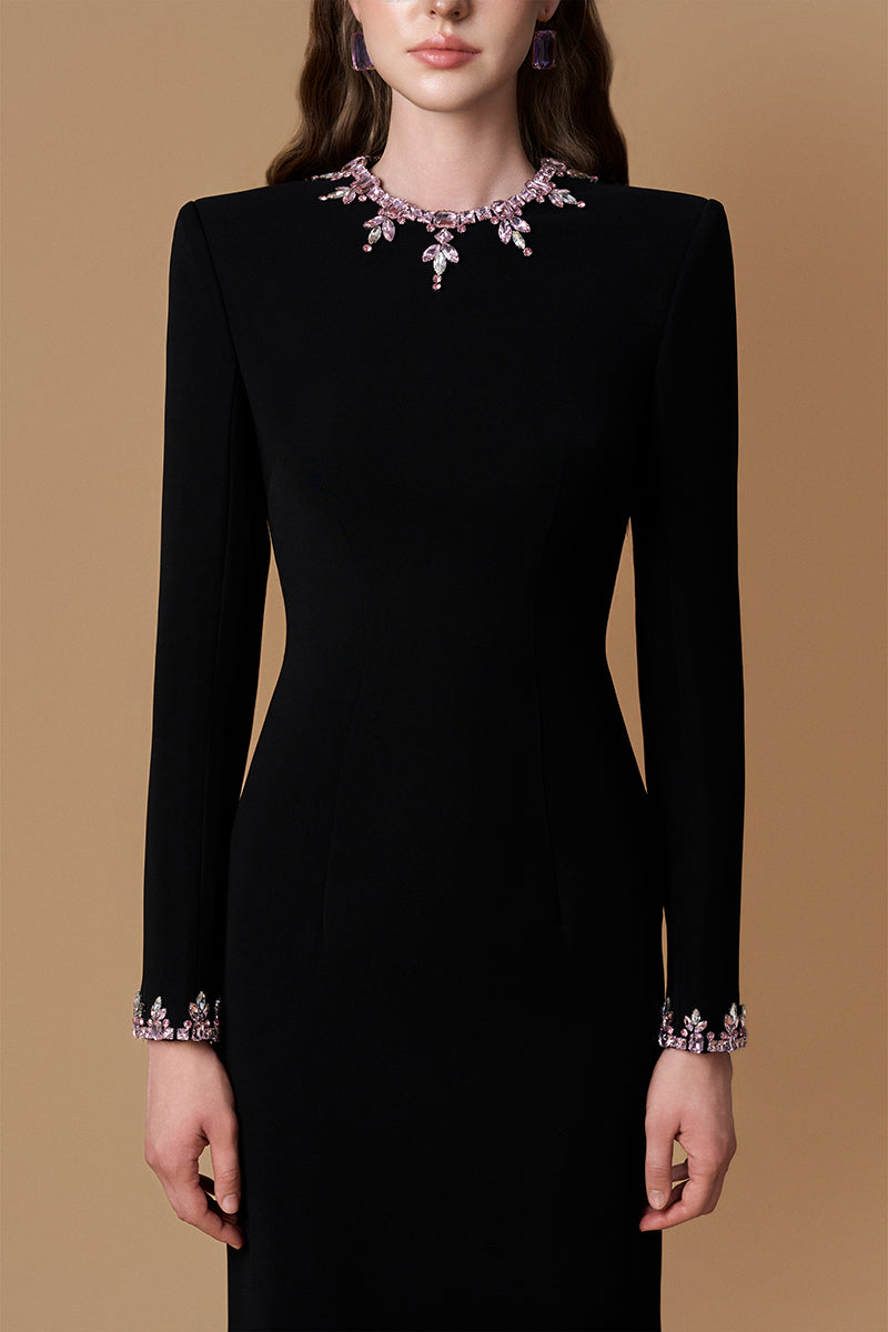 Black crepe silk lined embellished gown with round neck and long sleeves by I.H.F, displayed with elegant fabric details.