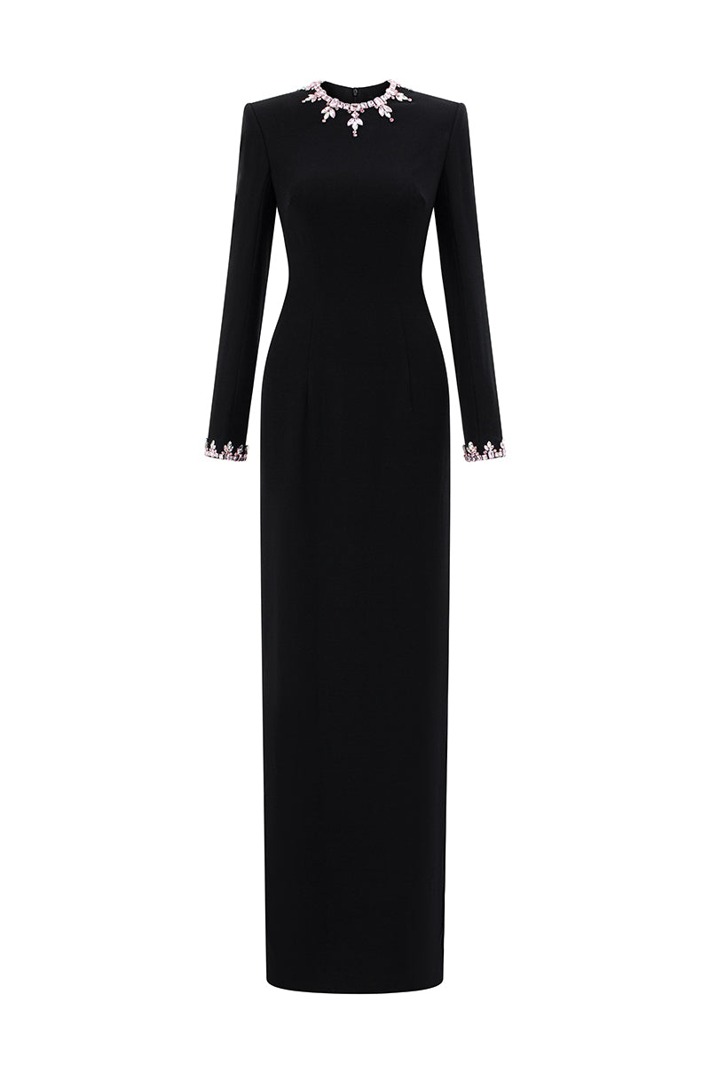 Black crepe silk gown with embellished details, round neckline, long sleeves, and a sleek column silhouette by I.H.F.
