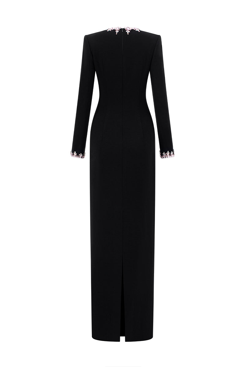 Black crepe silk lined embellished gown with round neckline and long sleeves by I.H.F, elegant and sophisticated for formal occasions.