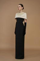Elegant white crepe and silk taffeta cap sleeve gown with a mini cape, featuring a round neck, by I.H.F.