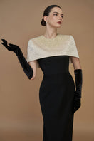 White crepe and silk taffeta cap sleeve gown with round neckline and mini cape by I.H.F, elegant formal evening wear