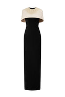 White crepe and silk taffeta cap sleeve gown with round neckline and mini cape by I.H.F, elegant evening wear in beige and black.