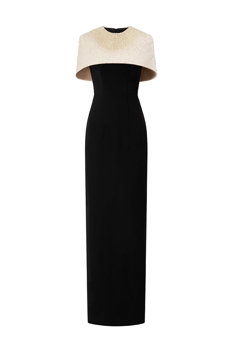White crepe and silk taffeta cap sleeve gown with round neckline and mini cape by I.H.F, elegant evening wear in beige and black.
