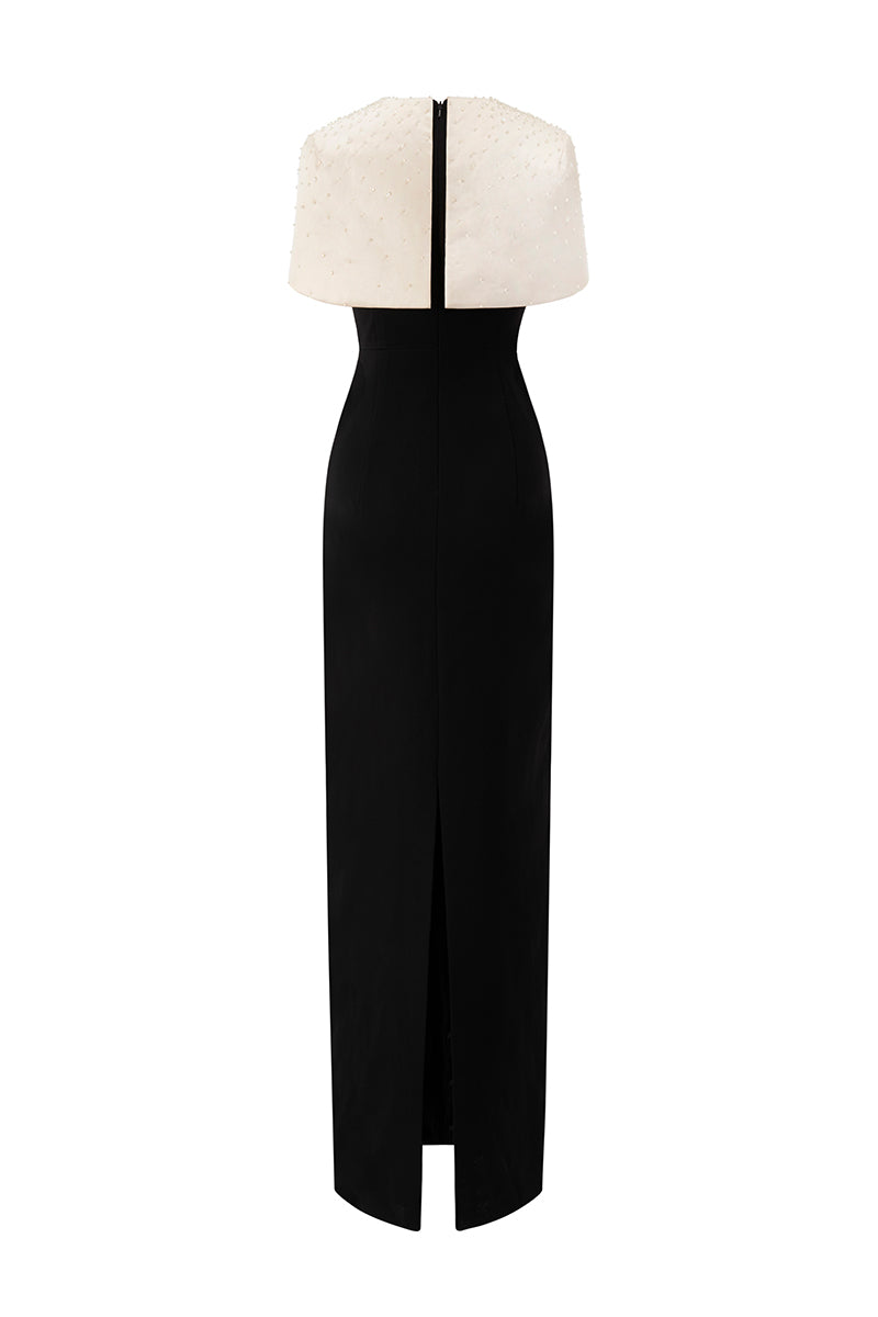 White crepe and silk taffeta cap sleeve gown with mini cape in beige and black by I.H.F, shown with a round neckline and column silhouette.