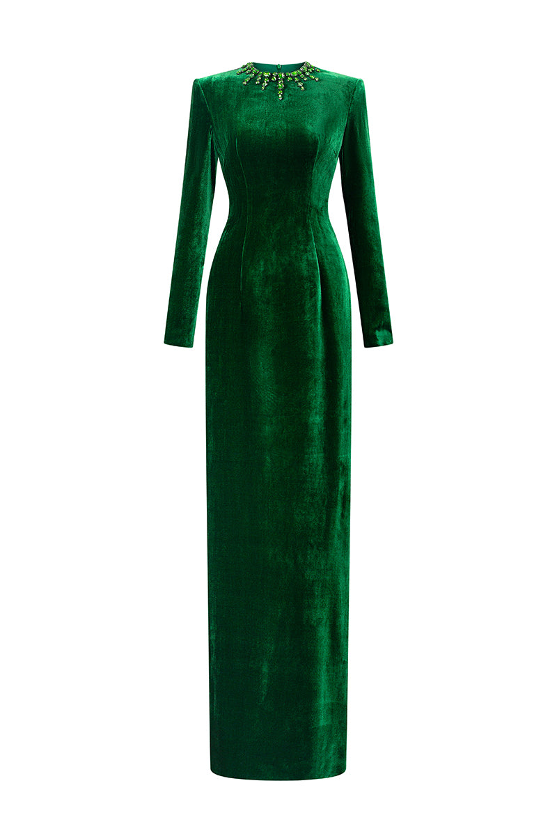 فستان ميلا فيلفيت بأكمام طويلة باللون الأخضر