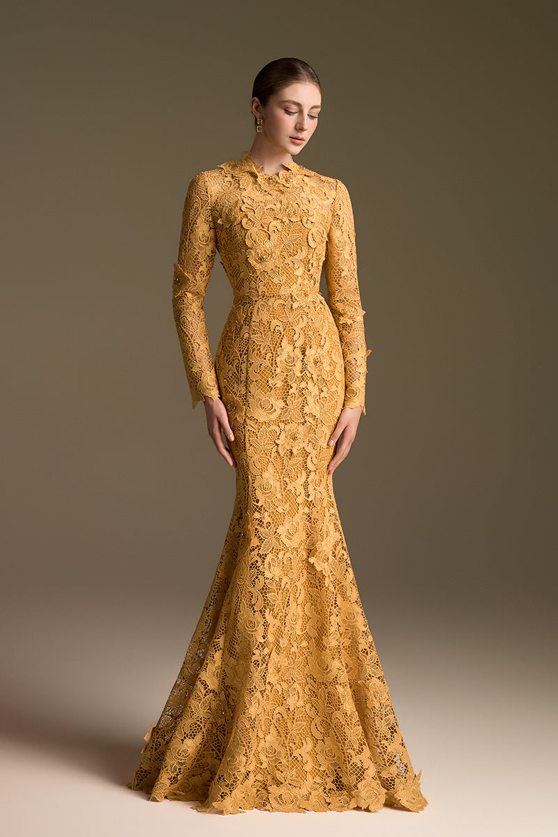 Yellow mermaid gown with round neck and long sleeves, featuring intricate guipure lace details, by I.H.F.
