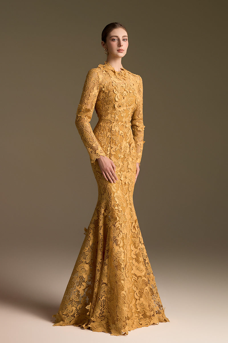 Yellow mermaid gown with round neck and long sleeves by I.H.F, featuring intricate guipure lace details.