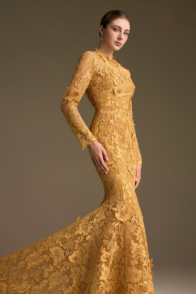 Yellow mermaid gown with round neck and long sleeves featuring intricate guipure lace from I.H.F. for elegant formal occasions.