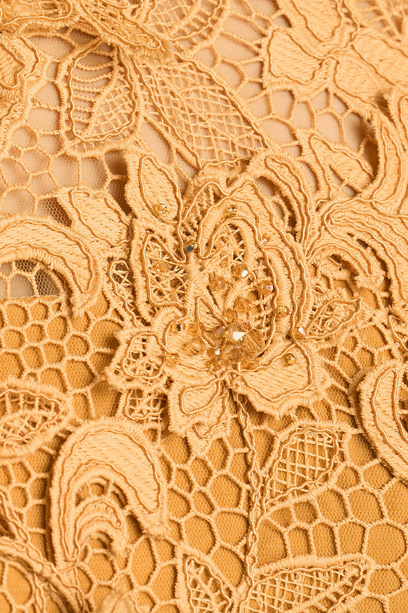 Yellow mermaid gown with round neck and long sleeves, crafted from lace, designed by I.H.F, perfect for elegant occasions.