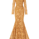 Yellow mermaid gown with round neck and long sleeves, featuring intricate guipure lace from I.H.F. Cult Mia X collection.