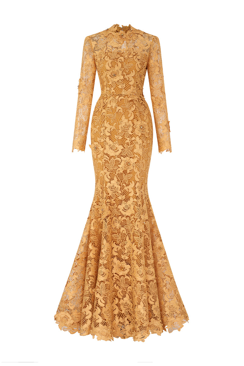 Yellow mermaid gown with round neck and long sleeves, featuring intricate guipure lace details by I.H.F.