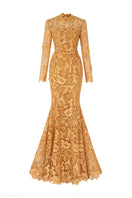 Yellow mermaid gown with round neck and long sleeves, featuring intricate guipure lace from I.H.F. Cult Mia X collection.