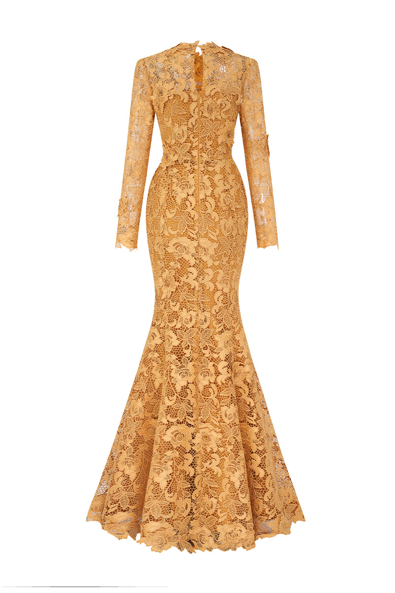 Yellow mermaid gown with round neckline and long sleeves, crafted from elegant guipure lace by I.H.F.