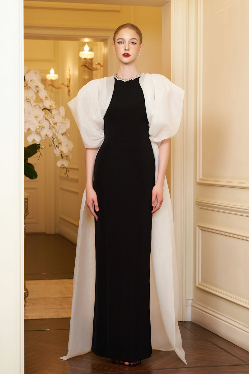 WHITE DRAPED SLEEVE COLUMN GOWN - CULT MIA