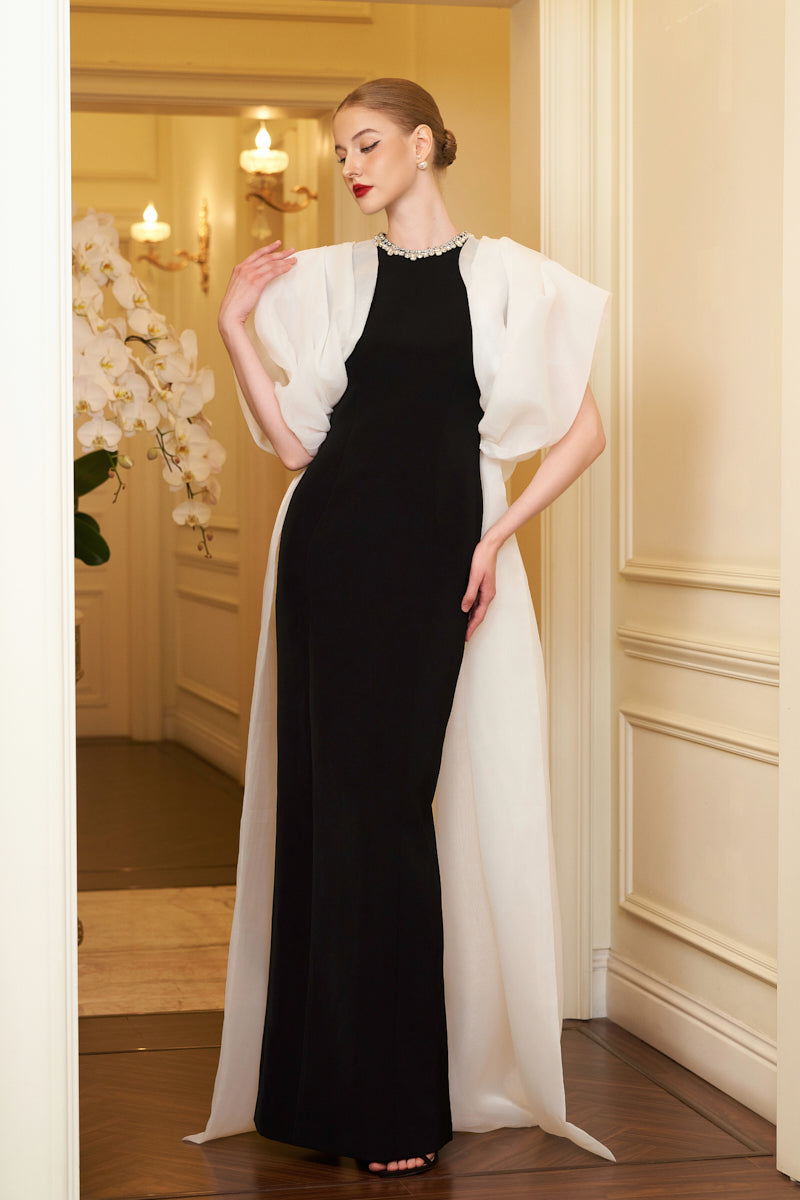 WHITE DRAPED SLEEVE COLUMN GOWN - CULT MIA