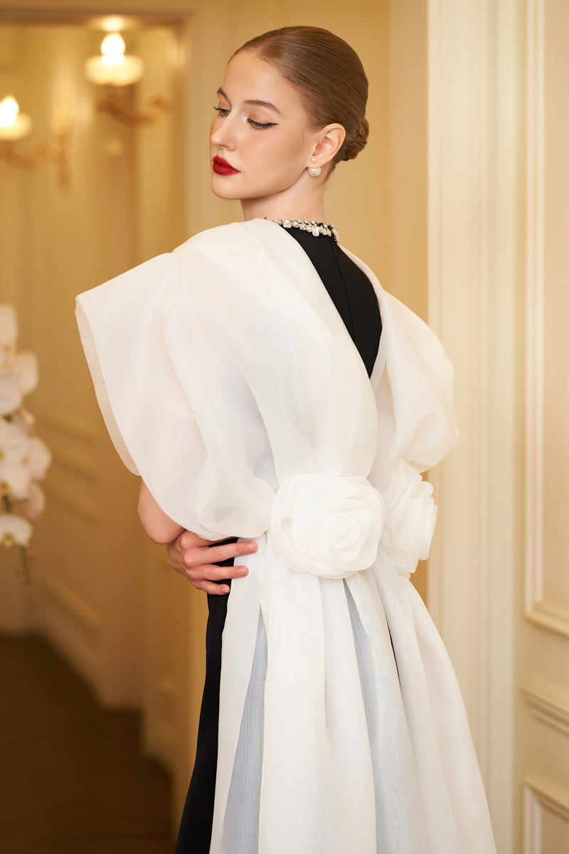 WHITE DRAPED SLEEVE COLUMN GOWN - CULT MIA