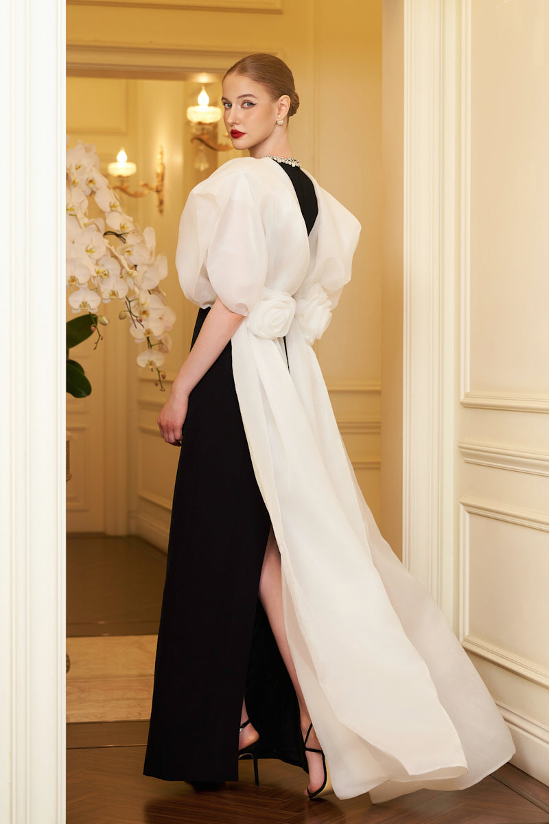 WHITE DRAPED SLEEVE COLUMN GOWN - CULT MIA