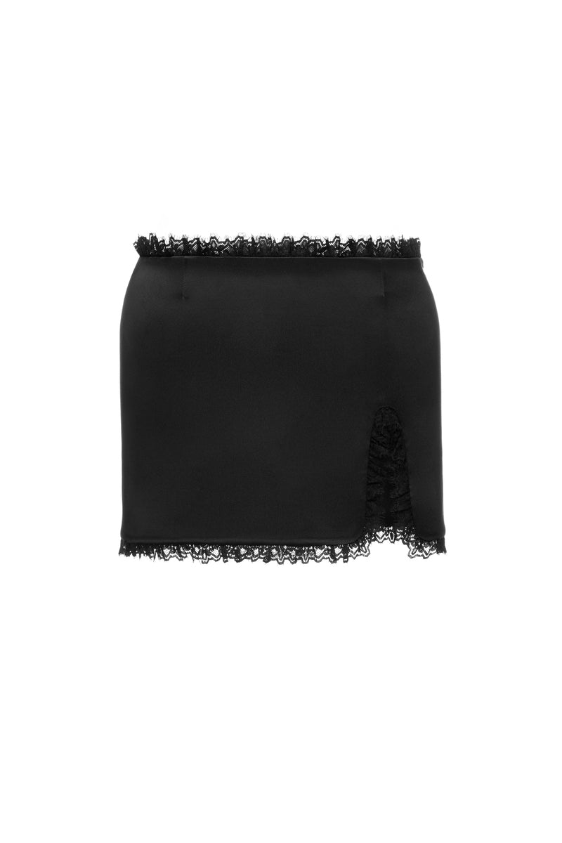 Black Roxanne mini skirt by MATTERS, shown in a stylish close-up with smooth fabric and modern design details.