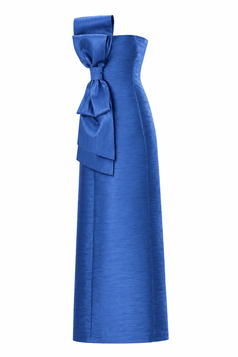 CULT MIA X MONIKA DIMOVA ROYAL BLUE SHANTUNG BOW GOWN