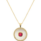 Freya Rose July birthstone ruby necklace with vermeil gold chain and mother-of-pearl pendant, elegant jewelry accessory.
