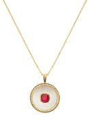 Freya Rose July birthstone ruby necklace with vermeil gold chain and mother-of-pearl pendant, elegant jewelry accessory.