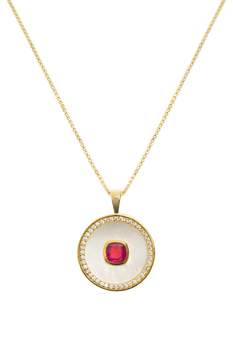 Freya Rose July birthstone ruby necklace with vermeil gold chain and mother-of-pearl pendant, elegant jewelry accessory.