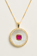 Gold vermeil July birthstone ruby necklace with mother-of-pearl accents by Freya Rose, showcasing a delicate, elegant jewelry design.