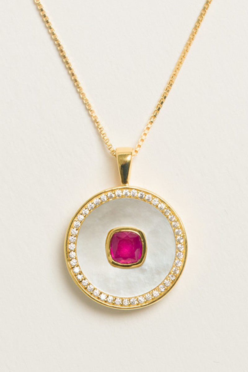 Gold vermeil July birthstone ruby necklace with mother-of-pearl accents by Freya Rose, showcasing a delicate, elegant jewelry design.