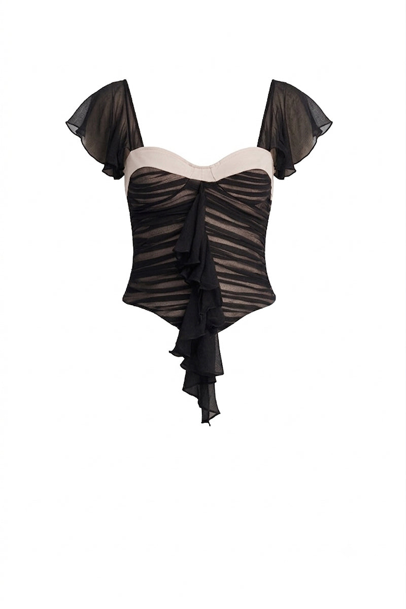 Black ruched mini top from Stolen Stores featuring a fitted design and gathered fabric detail.