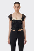Black ruched mini top from Stolen Stores, featuring gathered fabric and a stylish, fitted design perfect for casual or night-out looks.