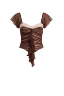 Brown ruched mini top by Stolen Stores, featuring gathered fabric and a fitted style, shown on a model.