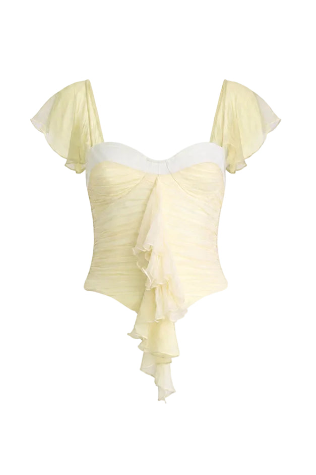 Yellow CULT MIA X Stolen Stores ruched mini top, showcasing fitted design with ruched detailing on a stylish women's top.
