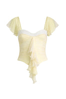 Yellow CULT MIA X Stolen Stores ruched mini top, showcasing fitted design with ruched detailing on a stylish women's top.