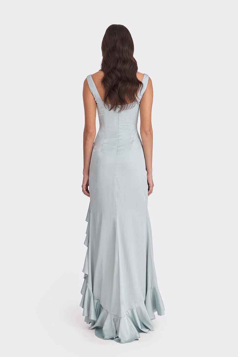 RUFFLE SLIT BLUE MAXI DRESS - CULT MIA