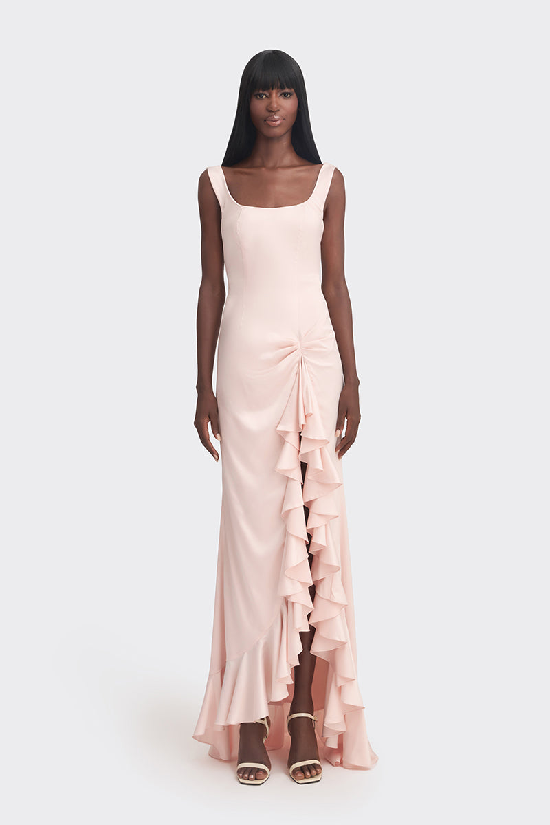 Stolen Stores CULT MIA X light peach ruffle split maxi dress with elegant flowy fabric and stylish design.