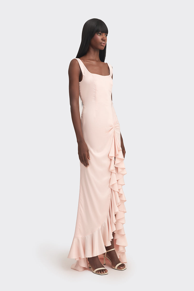 CULT MIA X STOLEN STORES RUFFLE SPLIT DRESS IN LIGHT PEACH - CULT MIA