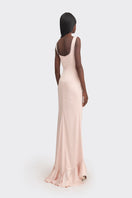Light peach CULT MIA X Stolen Stores ruffle split maxi dress, elegant flowy design with ruffle and slit details.