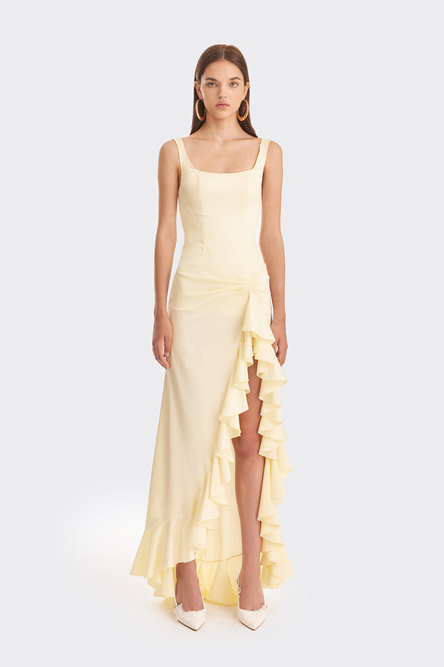 Lamer Spaghetti Strap Ruffle Slit Maxi Dress