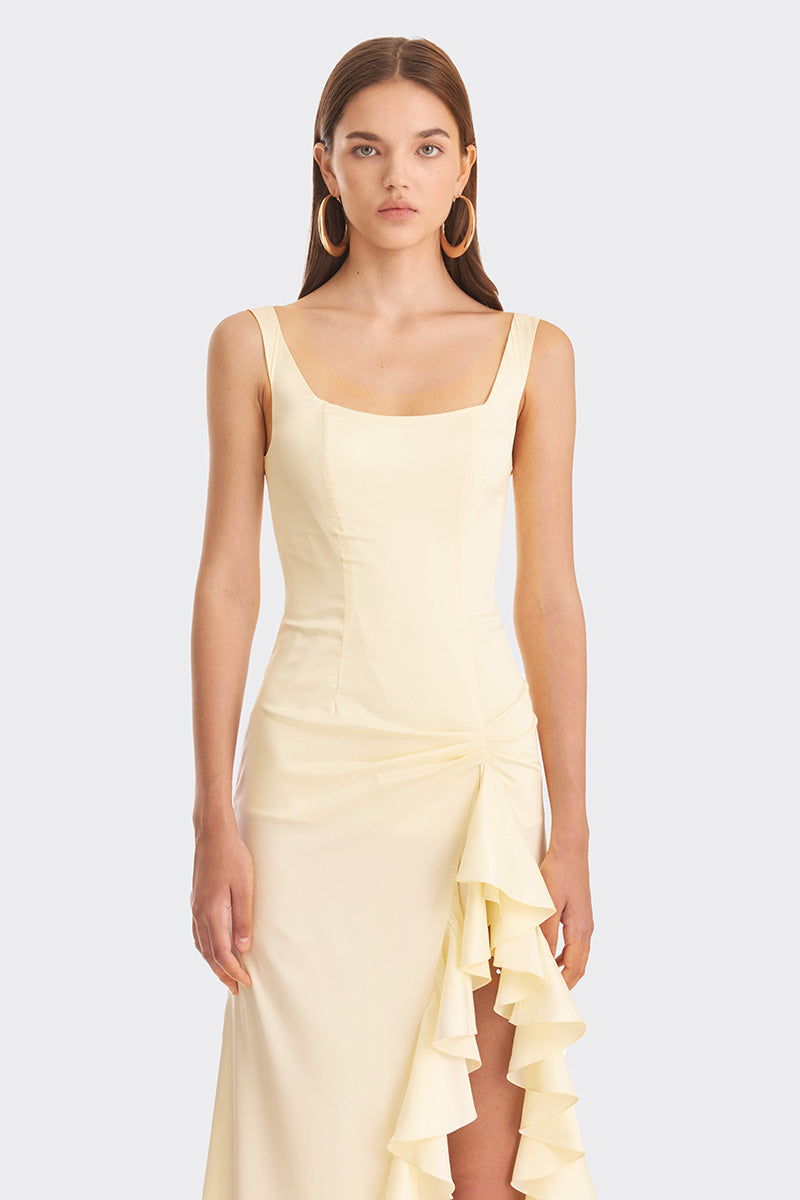 RUFFLE SLIT YELLOW MAXI DRESS - CULT MIA