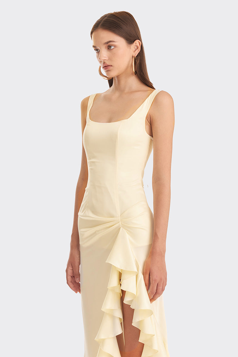 RUFFLE SLIT YELLOW MAXI DRESS - CULT MIA