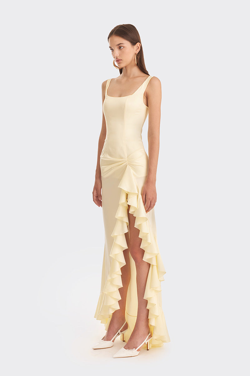 RUFFLE SLIT YELLOW MAXI DRESS - CULT MIA