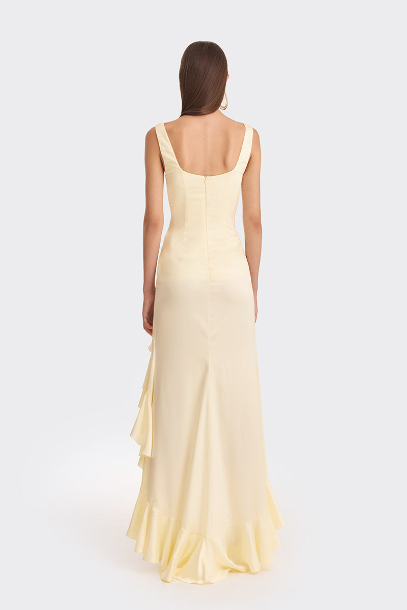 RUFFLE SLIT YELLOW MAXI DRESS - CULT MIA