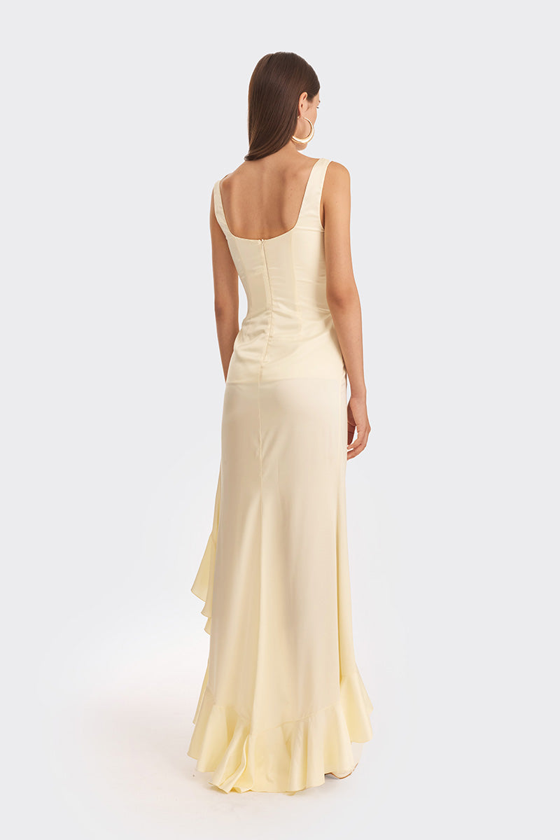 RUFFLE SLIT YELLOW MAXI DRESS - CULT MIA